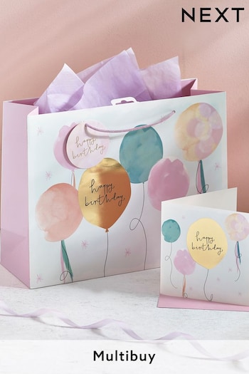 Pink Pastel Balloon Gift Bag and Card Set (166842) | £4