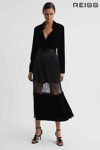 Reiss Black Tilly Fitted Silk-Velvet Midi Skirt (167170) | £198