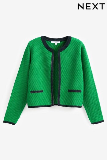 Green Jacket Style Knitted Cardigan With Blue Metallic Trim (167195) | £42