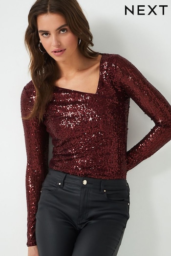 Berry Red Sequin Long Sleeve Asymmetric Party Top (167202) | £30