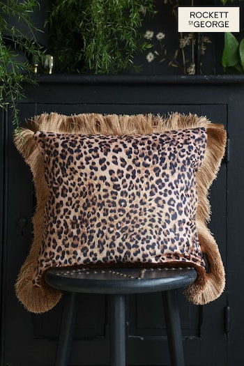 Rockett St George Frayne Leopard Love Velvet Fringe Feather Filled Cushion (167629) | £40