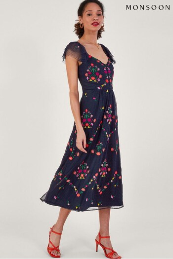 Monsoon Blue Bonnie Floral Embroidered Tea Feather Dress (168381) | £175