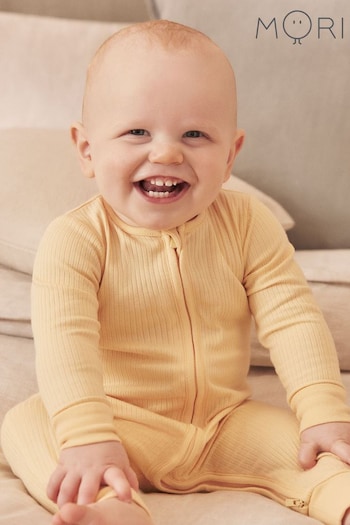 MORI Yellow Clever Ribbed Organic Cotton Sleepsuit (168488) | £32