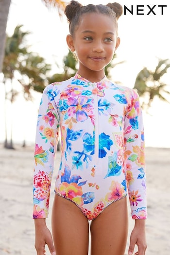 White Floral Long Sleeved Swimsuit (3-16yrs) (168676) | £17 - £22