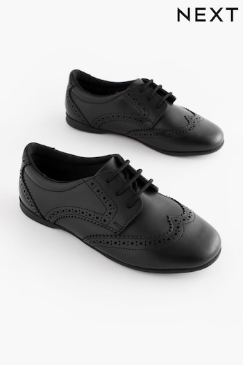 Matt Black Narrow Fit (E) Leather Brogue Lace-Up School Shoes (168900) | £27 - £34