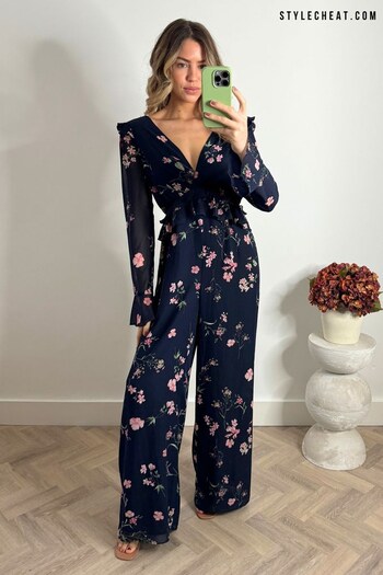 Style Cheat Blue Harper Frill Tie Back Jumpsuit (169373) | £75