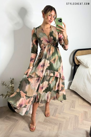 Style Cheat Green & Blush Floral Birdie Frill Tie Back Dress (169722) | £75