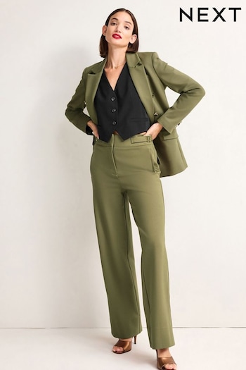 Khaki Green Tailored Ponte Metal Detail Wide Leg Trousers (170528) | £18.50