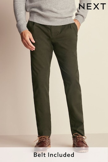 Khaki Green Slim Brushed Belted Chinos Trousers (171272) | £35