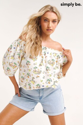 Simply Be Holiday Print Puff Sleeve Bardot White Top (171371) | £18