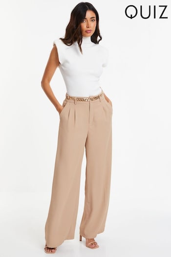 Quiz Camel Woven Wide Leg Hamer Trousers with Brown Chain Belt (171966) | £40