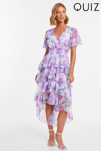 Quiz Purple Chiffon Floral Dip Hem Tiered Midaxi Dress (172038) | £55