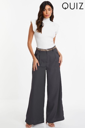 Quiz Grey Woven Wide Leg Trousers with Brown Chain Belt (172053) | £40