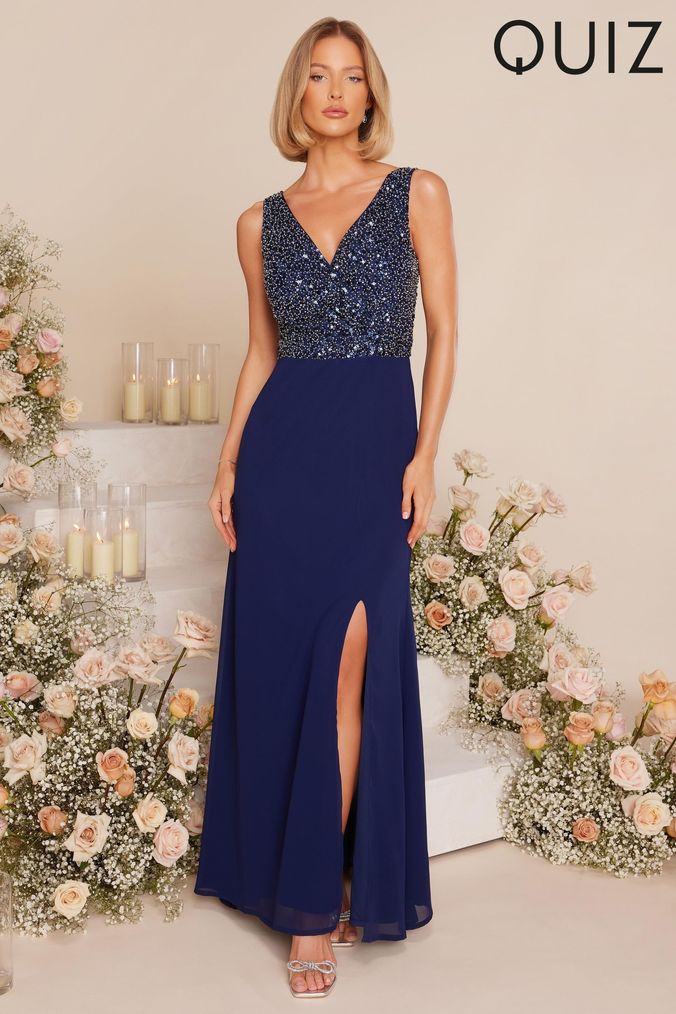 Quiz navy shop embellished maxi dress