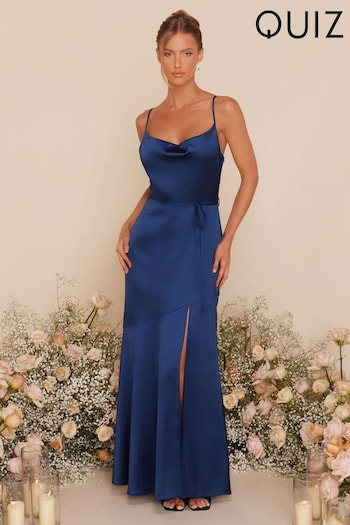 Quiz Blue Satin Bridesmaid Maxi Dress with Tie Waist and Slit (172092) | £50