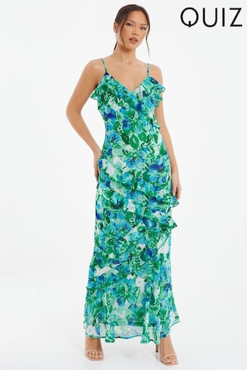 Quiz Blue Floral Chiffon Strappy Maxi Dress With Frill Detail (172122) | £48