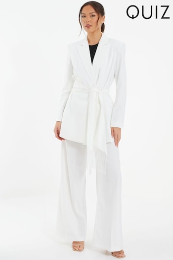 Quiz White Woven Tailored Blazer with White Fringe Tie Belt (172161) | £60