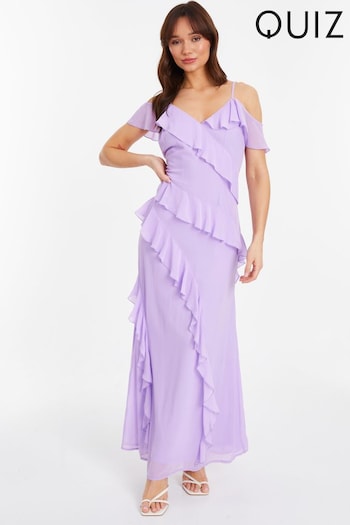Quiz Purple Cold Shoulder Maxi Dress with Frills (172173) | £48