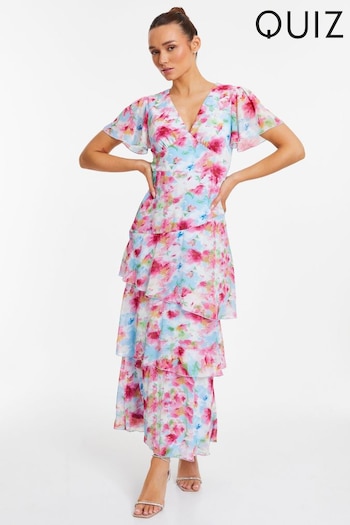 Quiz Pink Floral Chiffon Maxi Dress with Frill and Angel Short Sleeve (172236) | £48