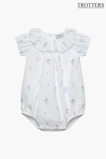 Trotters London Little Floral Fleur Cotton Willow Bubble White Romper (172326) | £50