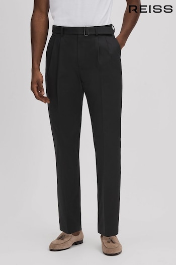 Reiss Black Liquid Relaxed Tapered Belted Trousers (172510) | £148