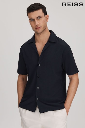 Reiss Navy Hunt Textured Cuban Collar Shirt (172717) | £68