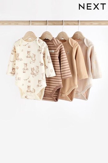 Tan Brown Bear Baby Long Sleeve Bodysuits 4 Pack (173612) | £15 - £17