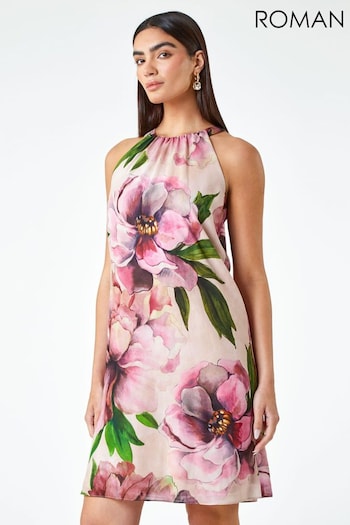Roman Pink Floral Halterneck Shift Dress (173663) | £70