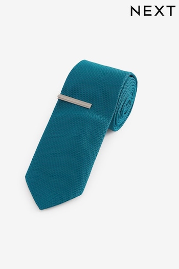 Teal Blue Slim Textured Tie And Clip Set (173697) | £14