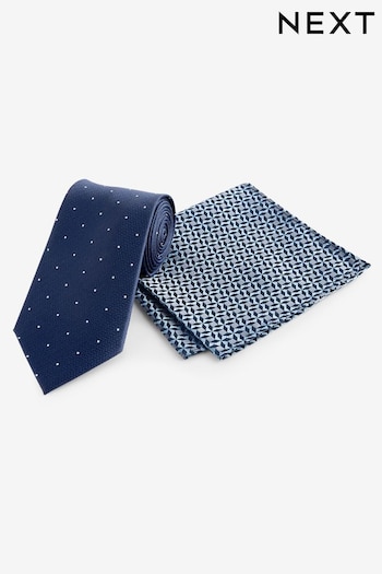 Blue Polka Dot/Blue Geometric Tie And Pocket Square Set (173781) | £16