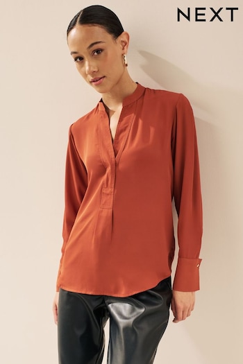Rust Brown Long Sleeve Overhead V-Neck Relaxed Fit Blouse (173899) | £24