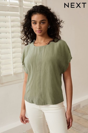 Sage Green Gathered Short Sleeve Textured Boxy T-Shirt (173916) | £20