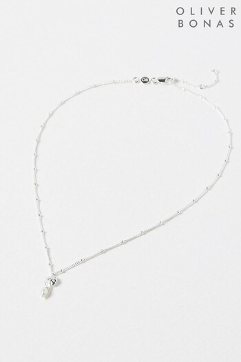 Oliver Bonas Silver Tone Birdie Cubic Zirconia Flower Charm & Pearl Drop Pendant Necklace (174072) | £50