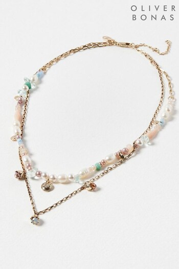 Oliver Bonas Gold Tone Carina Pearl, Bead & Charm Double Row Chain Necklace (175493) | £28