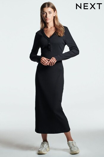 Black Long Sleeve Ribbed Midi Dress (175702) | £32