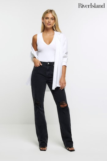River Island Black High Rise Straight Ripped Jeans (176071) | £45