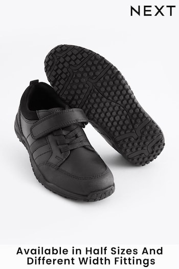 Black Standard Fit (F) School Leather Elastic Lace Carpet Shoes (176769) | £28 - £36