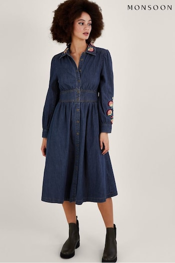 Monsoon Blue Embroidered Denim Midi Shirt Dress (176881) | £80