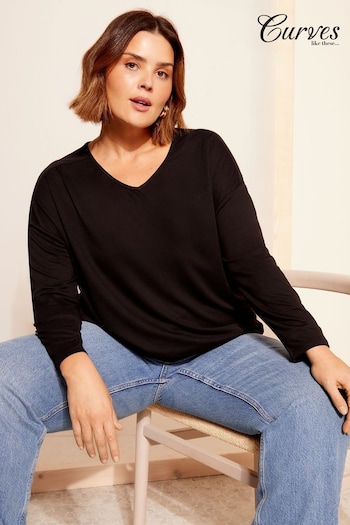 Curves Like These Black Soft Jersey V Neck Long Sleeve Tunic Top (177125) | £22