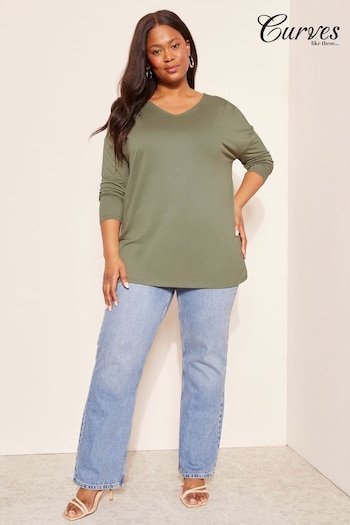 Curves Like These Khaki Green Soft Jersey V Neck Long Sleeve Tunic Top (177183) | £22
