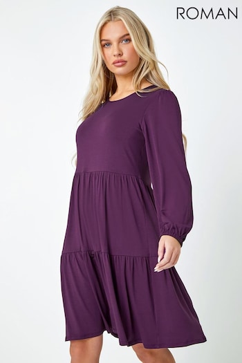 Roman Purple Plain Tiered Stretch Dress (177757) | £36