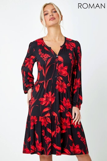 Roman Red Floral Print Tiered Stretch Dress (177880) | £38