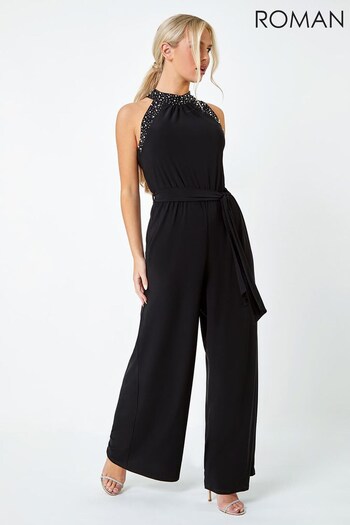 Roman Black Embellished Halter Neck Jumpsuit (177914) | £55