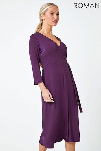 Roman Purple Plain Stretch Wrap Midi Dress (177934) | £38