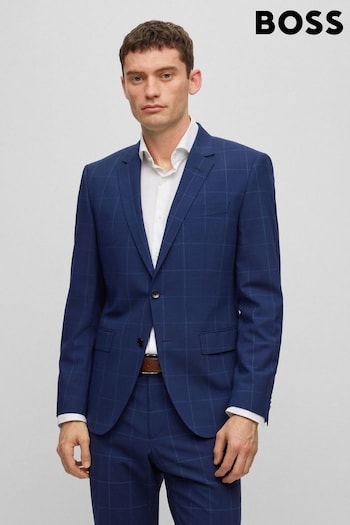 BOSS Blue Checked Slim Fit Jacket in Stretch Cloth (178180) | £349