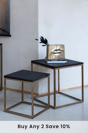 Libra Interiors Gold Kirkstone Set of 2 Side Tables with Galaxy Slate Top (178577) | £680