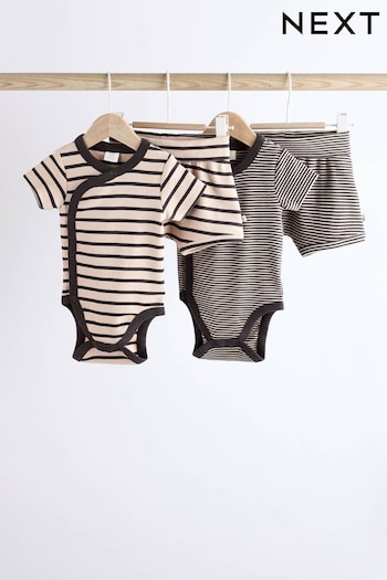 Monochrome Stripe Baby Rib Wrap Bodysuits And Shorts Set 4 Pack (0mths-2yrs) (178889) | £22 - £24