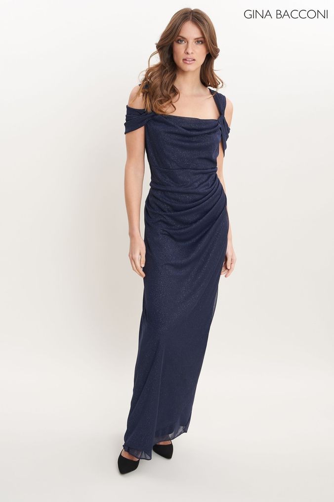 Gina Bacconi Blue Shree Cold Shoulder Glitter Mesh Dress With Draped Skirt & Cowl Neckline (179066) | £230