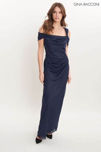 Gina Bacconi Blue Shree Cold Shoulder Glitter Mesh Dress With Draped Skirt & Cowl Neckline (179066) | £230