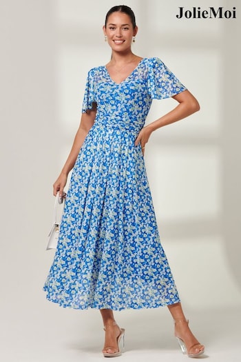 Jolie Moi Blue Bianca V-Neck Pleated Mesh Maxi Dress (179348) | £85
